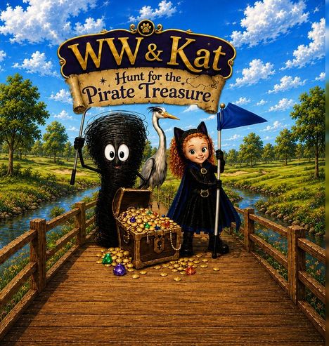 "WW & Kat: Hunt for the Pirate Treasure." Illustration: Ein Mädchen, eine schwarze Gestalt, ein Vogel, Schatztruhe auf Holzbrücke.