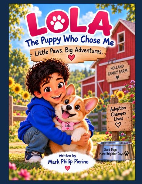 Titel: "LOLA The Puppy Who Chose Me. Little Paws. Big Adventures." Ein Kind umarmt einen Welpen, eine Farm im Hintergrund.