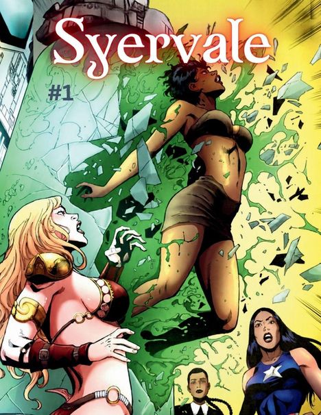"Syervale #1" steht oben. Eine Frau bricht durch grünes Glas, während drei weitere Figuren erschrocken zusehen.