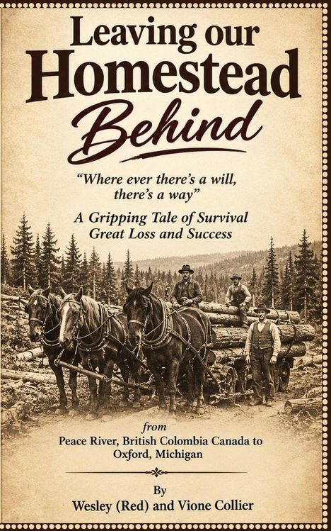 Titel: Leaving our Homestead Behind. Untertitel: A Gripping Tale of Survival. Szene: Männer mit Pferden ziehen Baumstämme.