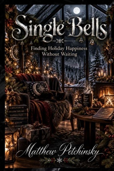 "Single Bells. Finding Holiday Happiness Without Waiting." Weihnachtlich dekorierter Raum mit Katze, Kerzen und Geschenken.