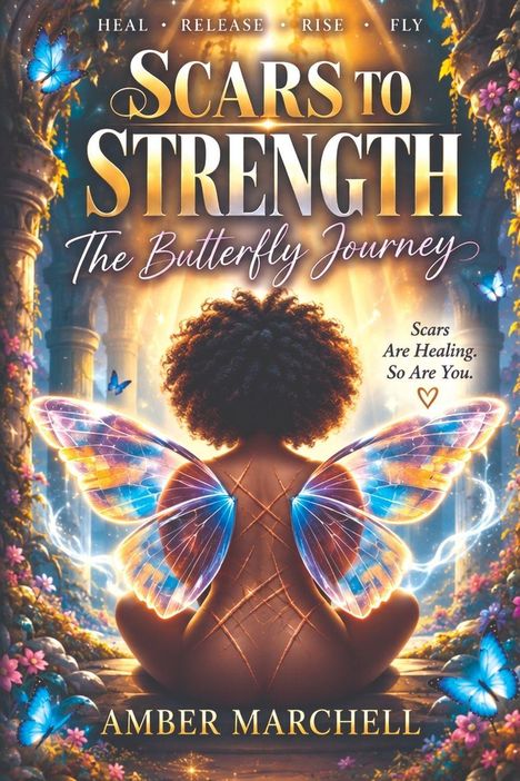 "Scars to Strength: The Butterfly Journey". Eine Person mit Schmetterlingsflügeln, umgeben von Natur und leuchtenden Farben.