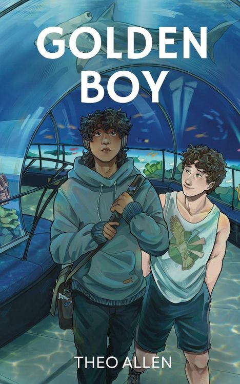 "Golden Boy" und "Theo Allen". Zwei Jungen in einem Unterwasser-Tunnel, einer trägt einen Rucksack, Haie schwimmen darüber.