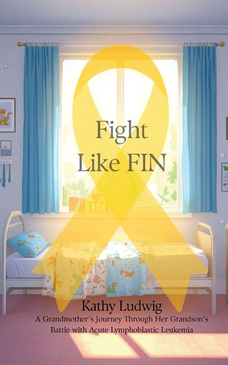 „Fight Like FIN“ und „Kathy Ludwig“ sind über einem Kinderzimmer mit einem gelben Schleifenmotiv zu sehen.