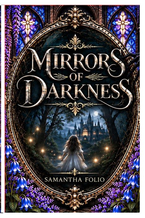 "Mirrors of Darkness", "Samantha Folio". Eine Frau in einem weißen Kleid blickt auf ein Schloss im Mondlicht, umrahmt von Blumen.
