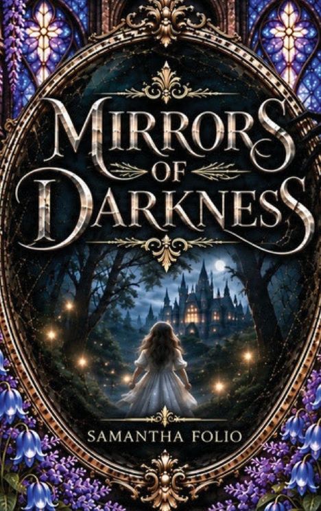 "Mirrors of Darkness" und "Samantha Folio". Eine Frau in einem weißen Kleid blickt auf ein Schloss inmitten eines Waldes.