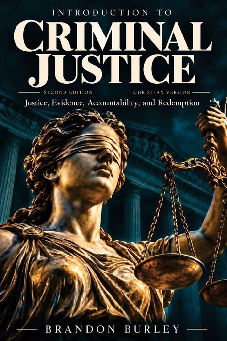"Introduction to Criminal Justice" steht oben. Darunter: "Justice, Evidence, Accountability, and Redemption". Statue von Justitia.