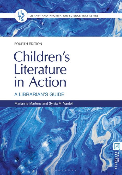 Es ist das Cover eines Buchs mit blau-weißen Wirbelmustern. Titel: "Children’s Literature in Action".