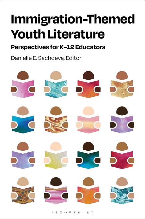 „Immigration-Themed Youth Literature“ oben. Darunter stilisierte Köpfe mit bunt gemusterten Büchern in der Hand.