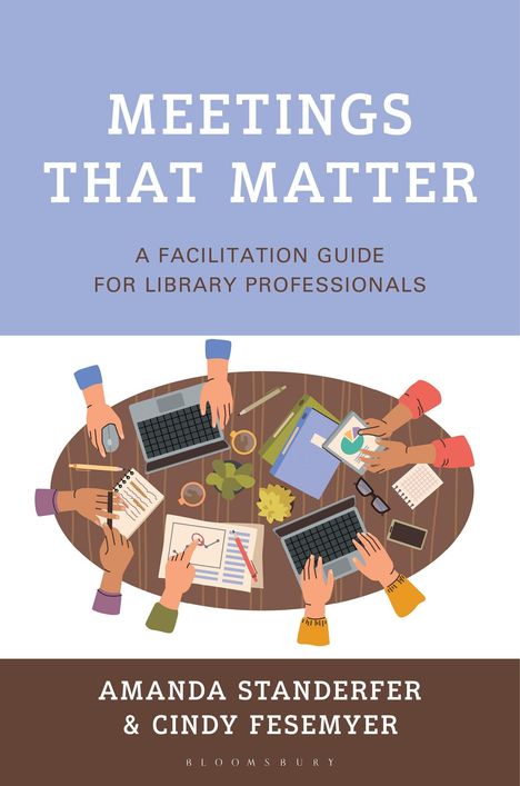 "MEETINGS THAT MATTER" zeigt eine Illustration von Menschen, die an einem runden Tisch arbeiten, mit Laptops und Notizen.