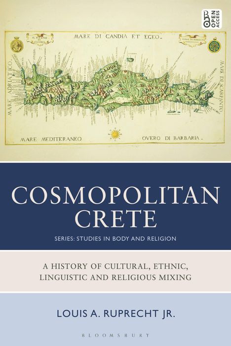 "Cosmopolitan Crete" Buchdeckel mit antiker Karte der Insel. Thema: Kulturelle, ethnische, sprachliche und religiöse Mischung.
