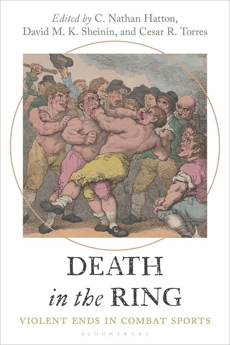 „DEATH in the RING: Violent Ends in Combat Sports“, Illustration von Boxern und Zuschauern in historischer Kleidung.