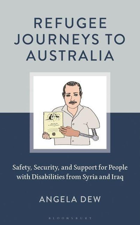 "Refugee Journeys to Australia" von Angela Dew. Illustration: Ein Mann mit Prothese zeigt ein Dokument.