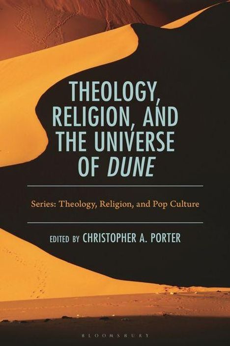 "Theology, Religion, and the Universe of Dune" in blauer Schrift auf Sanddünen-Hintergrund.