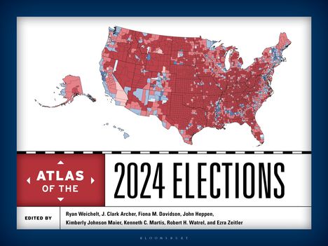 "Atlas of the 2024 Elections." Karte der USA in Rot- und Blautönen nach Regionen, darunter Namen der Herausgeber.