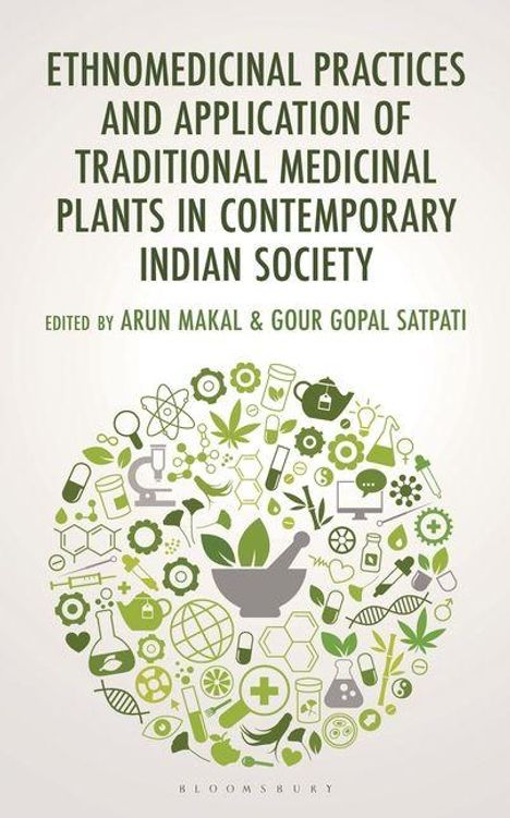 Buchtitel über ethnomedizinische Praktiken in Indien; mittig grünes Mörser-Logo mit Pflanzen und Symbolen umgeben.