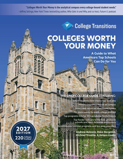 „Colleges Worth Your Money“, 2027 Edition, zeigt 220 Colleges. Enthält Bewertungen, Karriereinfos und Programme. Historisches Gebäude im Hintergrund.