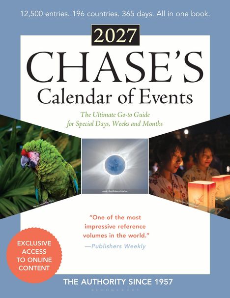 "CHASE'S Calendar of Events 2027" mit Bildern eines Papageis, einer Sonnenfinsternis und feiernden Menschen.