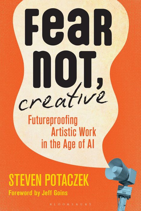 "Fear Not, Creative: Futureproofing Artistic Work in the Age of AI" von Steven Potaczek; roter Hintergrund, Lautsprecher.
