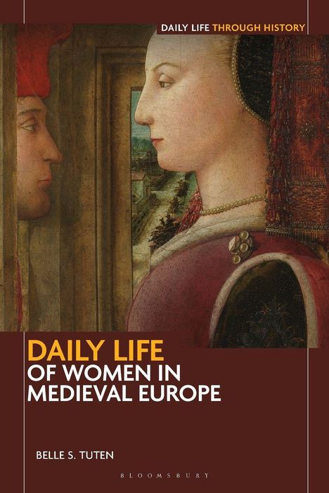 Oben steht "Daily Life of Women in Medieval Europe". Darunter eine historische Illustration eines Paares im Profil.