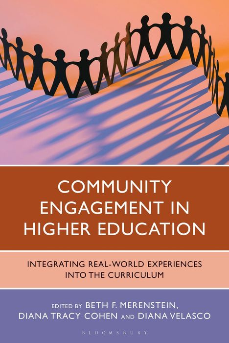Text: "Community Engagement in Higher Education." "Integrating Real-World Experiences into the Curriculum." Menschenkette im Hintergrund.