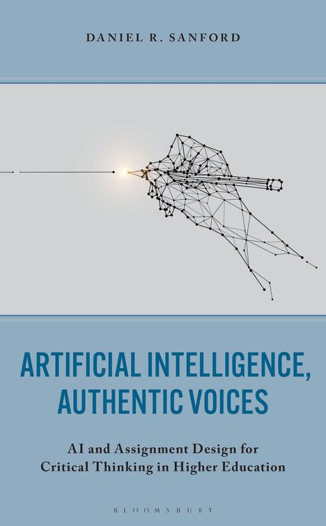 "Artificial Intelligence, Authentic Voices" zeigt eine abstrakte Zeichnung eines Stifts aus vernetzten Punkten.