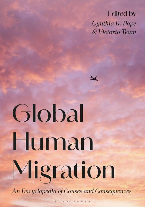 Titel: "Global Human Migration". Der Himmel ist rosa gefärbt, ein Flugzeug fliegt.