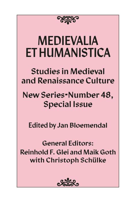 "MEDIEVALIA ET HUMANISTICA" auf rosa Hintergrund mit dekorativen Ornamenten oben und unten.