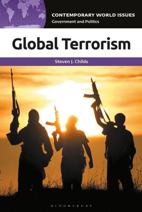 „Global Terrorism“; drei silhouettierte Figuren mit Waffen vor einem orangen Himmel.