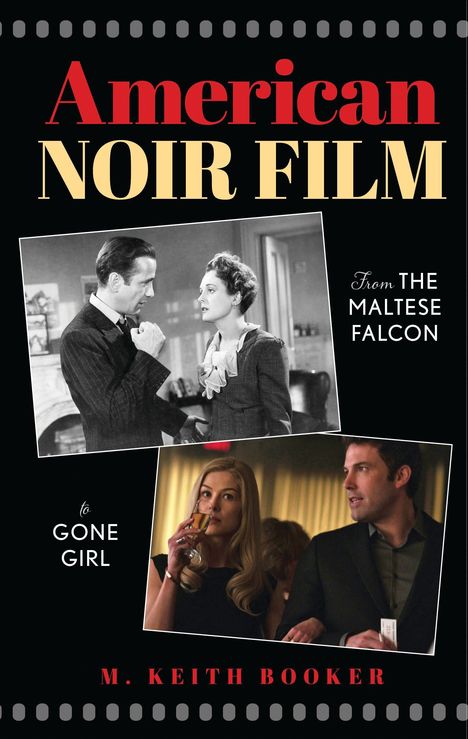 "American Noir Film" in roter und gelber Schrift. Schwarz-weißes Filmbild oben, Farbbild unten, beide mit Personen. Text dazwischen.