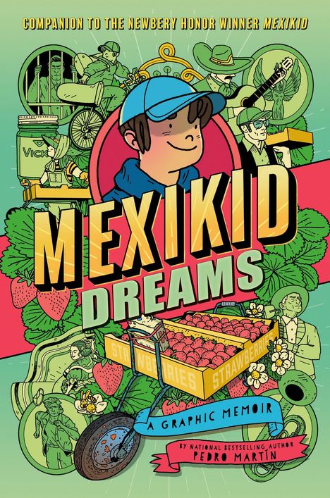 Texte: "MEXIKID DREAMS", "A GRAPHIC MEMOIR". Ein Junge mit Mütze, umgeben von Illustrationen mit mexikanischen Themen.