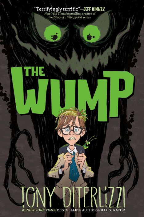 Text: „The Wump“ von Tony DiTerlizzi. Ein Junge mit Brille sieht erschrocken aus, über ihm gruselige grüne Augen und Formen.