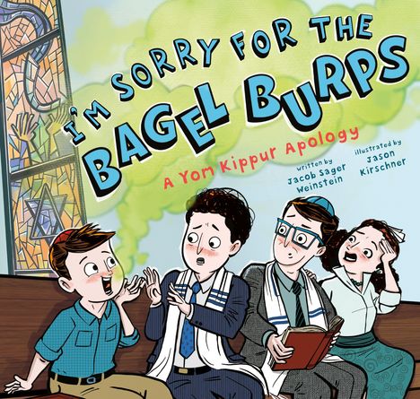 "I'm Sorry for the Bagel Burps: A Yom Kippur Apology." Vier Personen in einer Synagoge mit verlegenem Ausdruck.