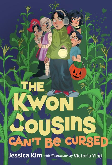 Text: "The Kwon Cousins Can't Be Cursed". Illustration von fünf Kindern in Kostümen, umgeben von hohen Pflanzen.