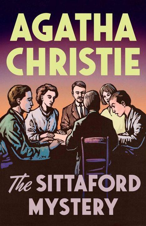 "AGATHA CHRISTIE, The Sittaford Mystery." Illustration: Sechs Personen bei einer Séance an einem Tisch.
