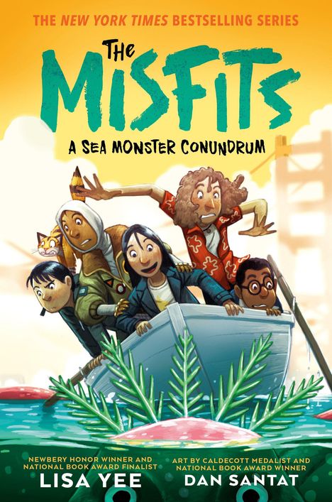 "The New York Times Bestselling Series: The Misfits, A Sea Monster Conundrum" zeigt eine Gruppe Kinder in einem Boot.