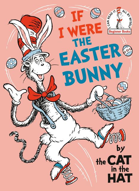 "IF I WERE THE EASTER BUNNY" Illustration: Eine Katze mit Hut und Hasenohren trägt einen gefüllten Ostereierkorb.