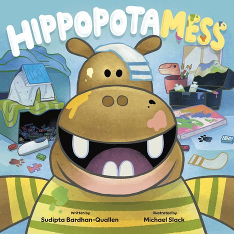 Titel: "HIPPOPOTAMESS". Ein fröhliches Nilpferd mit Bandagen, umgeben von einem Chaos voller bunter Gegenstände.
