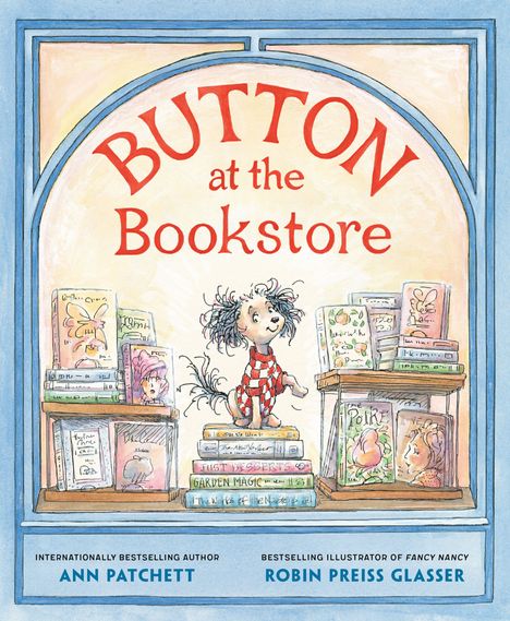 "Button at the Bookstore" steht oben. Eine Illustration zeigt einen Hund in einem Buchladen, umgeben von Regalen mit Büchern.