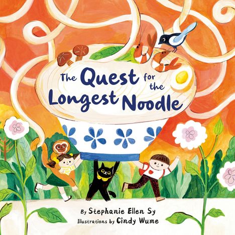 Text: „The Quest for the Longest Noodle“. Illustration mit Kindern, Katze und einer großen Nudelschüssel.