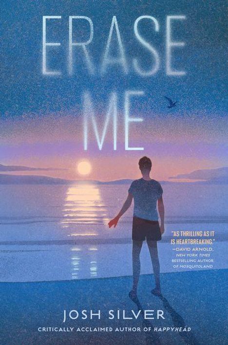 Titel: "ERASE ME", Autor: Josh Silver. Silhouette einer Person am Strand bei Sonnenuntergang.