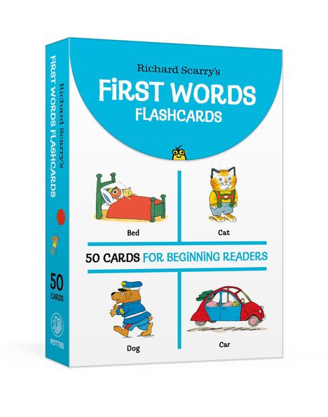 Auf der Verpackung steht: "FIRST WORDS FLASHCARDS" und "50 CARDS FOR BEGINNING READERS". Illustrationen von Gegenständen.