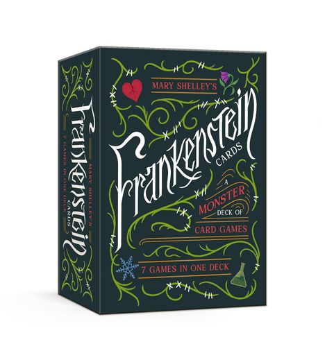 "Mary Shelley's Frankenstein Cards", kunstvoll gestaltet mit Ranken, Herz und Blumen.