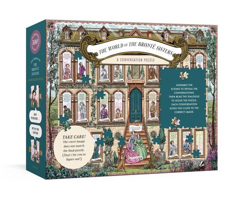 „The World of the Brontë Sisters: A Conversation Puzzle“. Puzzlebox mit viktorianischem Haus und Figuren.