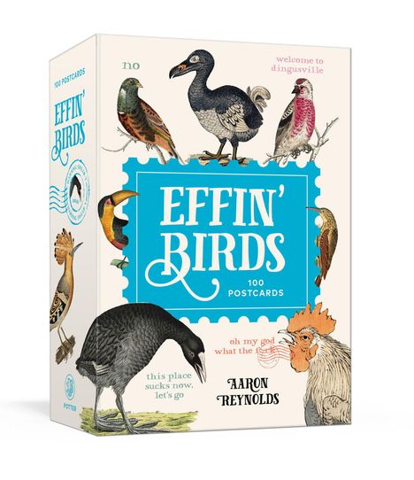 Auf einer Schachtel steht: "EFFIN' BIRDS", "100 POSTCARDS", mit Vogelillustrationen und humorvollen Texten wie "this place sucks now, let's go".