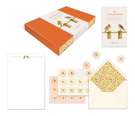 Text: "The Correspondent Stationery Set" und "Virginia Evans". 

Ein orangefarbenes Briefpapier-Set mit Vogelmotiven.