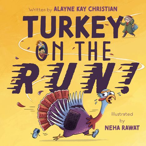 Titel: "Turkey on the Run!" Ein Truthahn rennt erschrocken, verfolgt von lachenden Kindern und einer älteren Person.