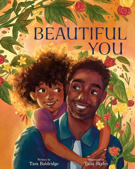 „Beautiful You“ in blauer Schrift. Illustration: Kind umarmt gläubig einen lächelnden Mann, umgeben von bunten Blumen.