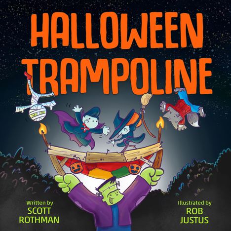 "Halloween Trampoline" in großen orangefarbenen Buchstaben, darunter Monster auf Trampolin mit Hexen, Mumie und Werwolf.