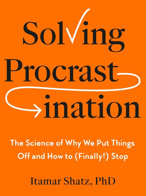 "Solving Procrastination" steht in großer Schrift auf orangefarbenem Hintergrund, begleitet von einem Häkchen und Pfeil.